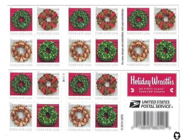 2019 "Holiday Wreaths" Forever Stamps 100pcs